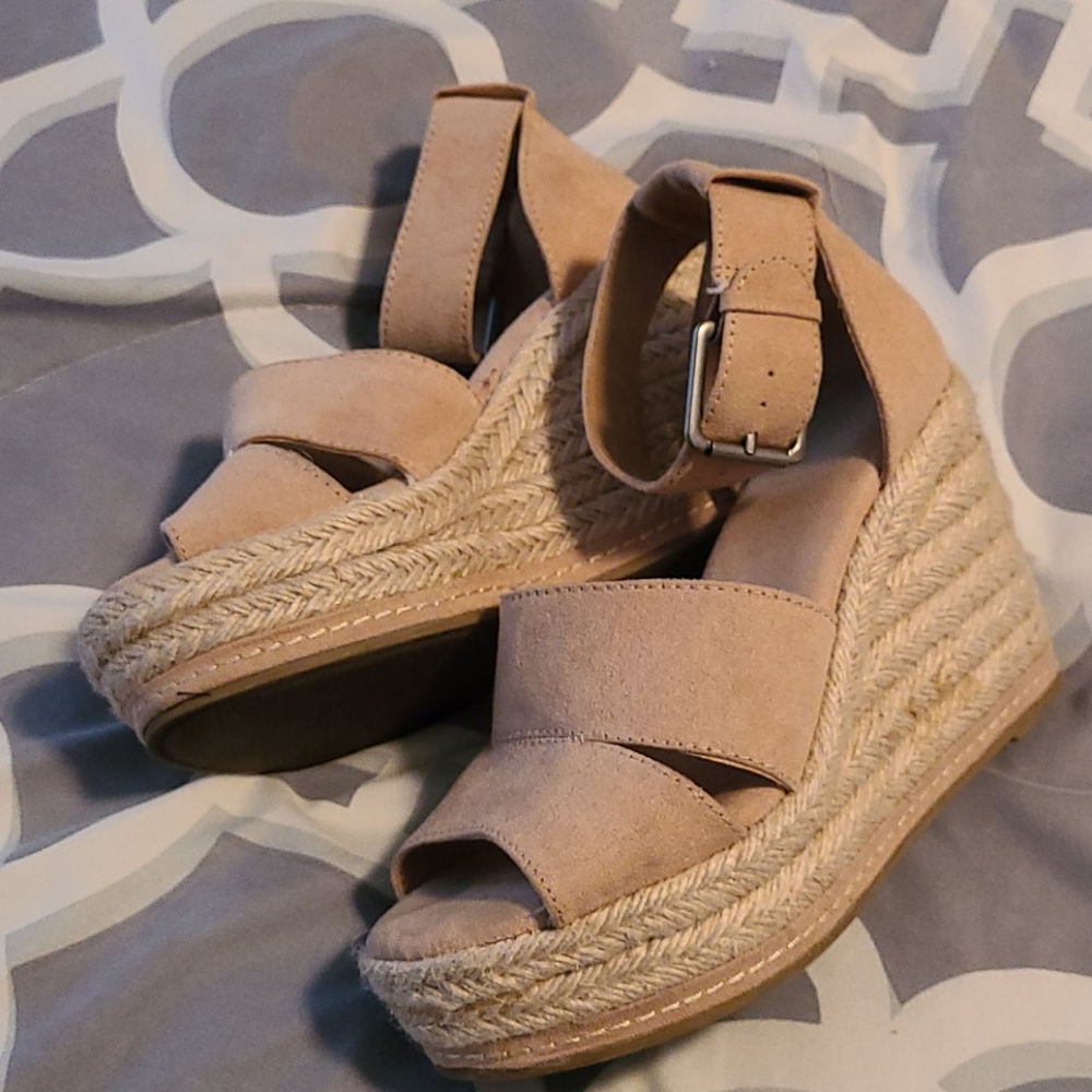 Suede Wedge Sandals with Ankle Wrap